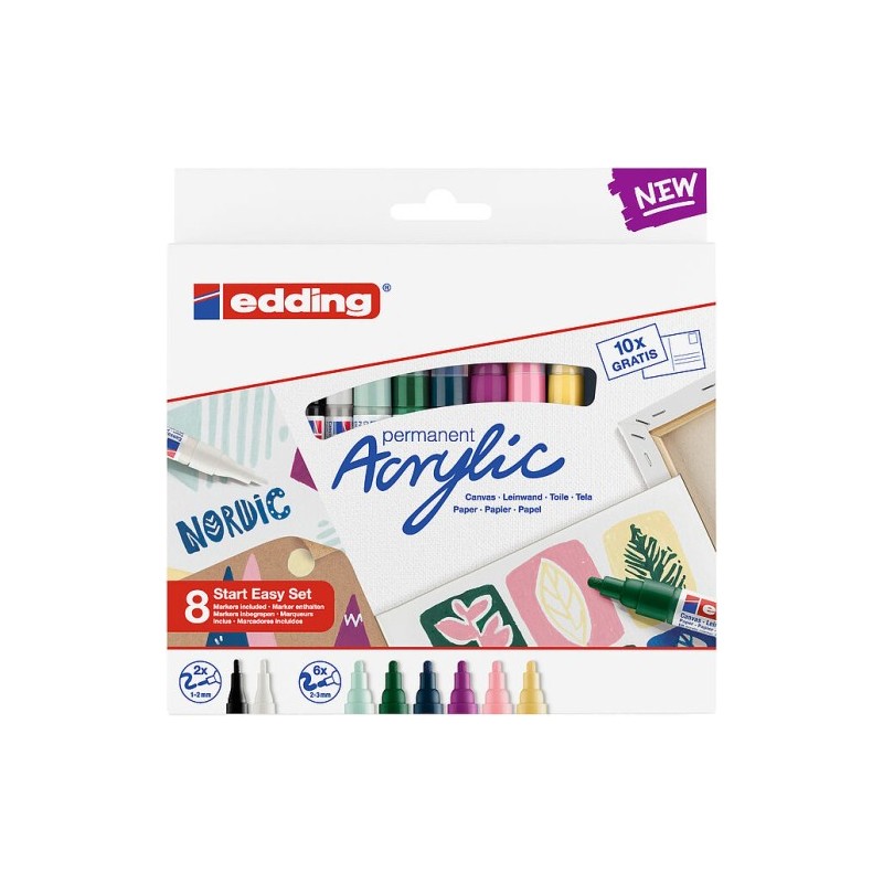 Edding Acrylic Negro Azul Marron Verde Azul claro Rosa Purpura Blanco Amarillo 8 piezas
