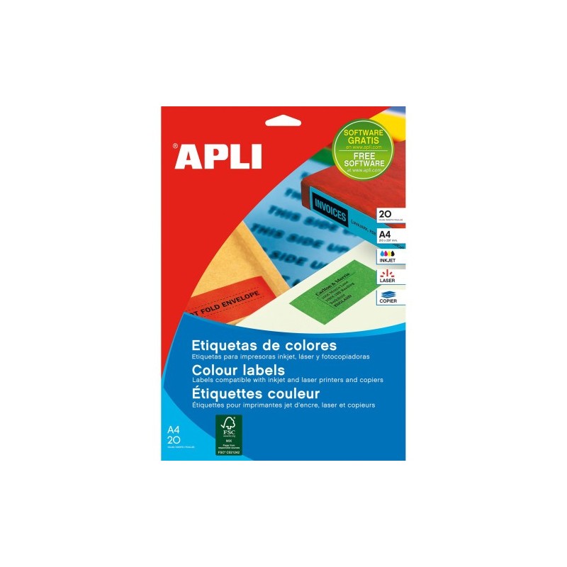 PACK 20 HOJAS 200 UDS ETIQUETAS AMARILLAS 210X297MM APLI 1599