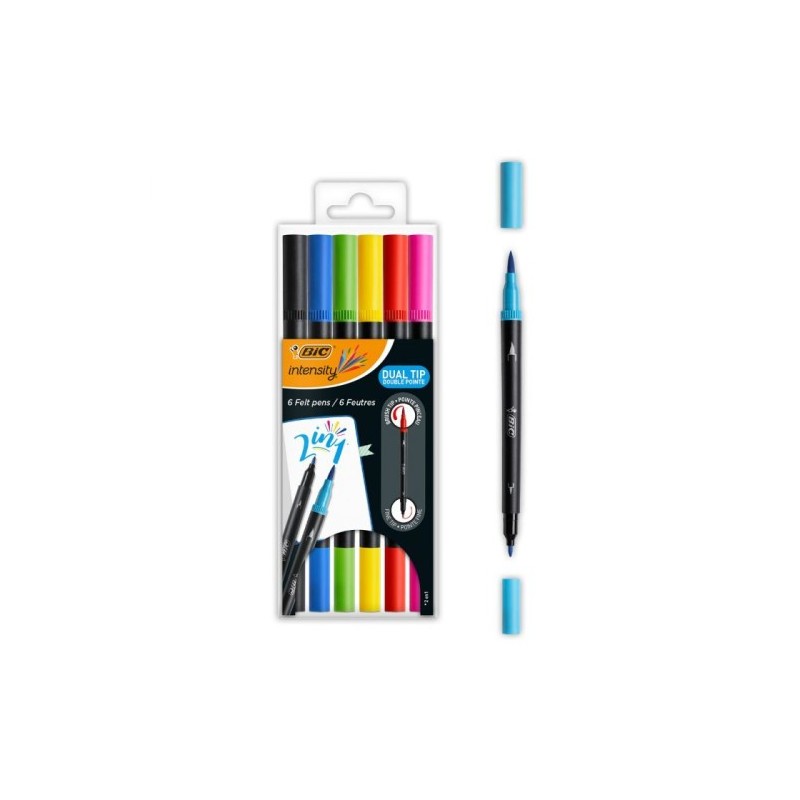 BIC Intensity Dual Tip rotulador Negro Azul Verde Purpura Rojo Amarillo 6 piezas