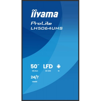 IIYAMA MONITOR 50 3840x2160 UHD VA DLED 500cd m HORIZ Y VERT MM 2x 10W 2x HDMIx 1x USB C USB 20 x2 WiFi LAN Media Play USB Port