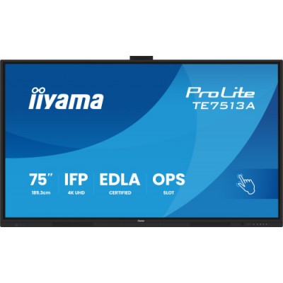 PANTALLA INTERACTIVA 75 EDLA ANDROID 14 8 128GB UHD IPS MM 2X 20W 20W SUBWR 2X HDMI DP 2X USB C 450CD M HORIZ MEDIA PLAY USB PO