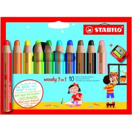 ESTUCHE 10 LAPICES SACAPUNTAS WOODY 3 COLORES EN 1 STABILO