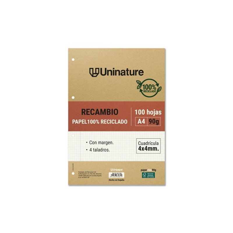 RECAMBIO RECICLADO A4 100 HOJAS 90GR CUADRICULA 4X4 MM CON TALADROS UNINATURE 53392700