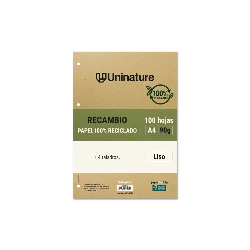 RECAMBIO RECICLADO A4 100 HOJAS 90GR LISO CON TALADROS UNINATURE 53392800
