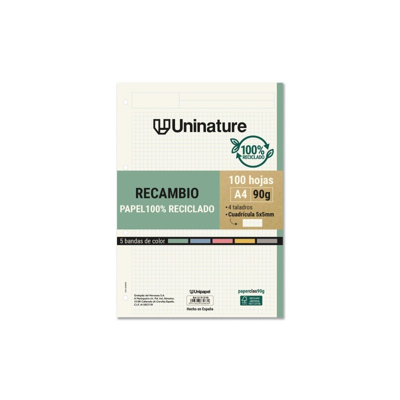 RECAMBIO RECICLADO A4 100 HOJAS 90GR CUADRICULA 5X5 MM CON TALADROS 5 BANDAS COLOR UNINATURE 53392900