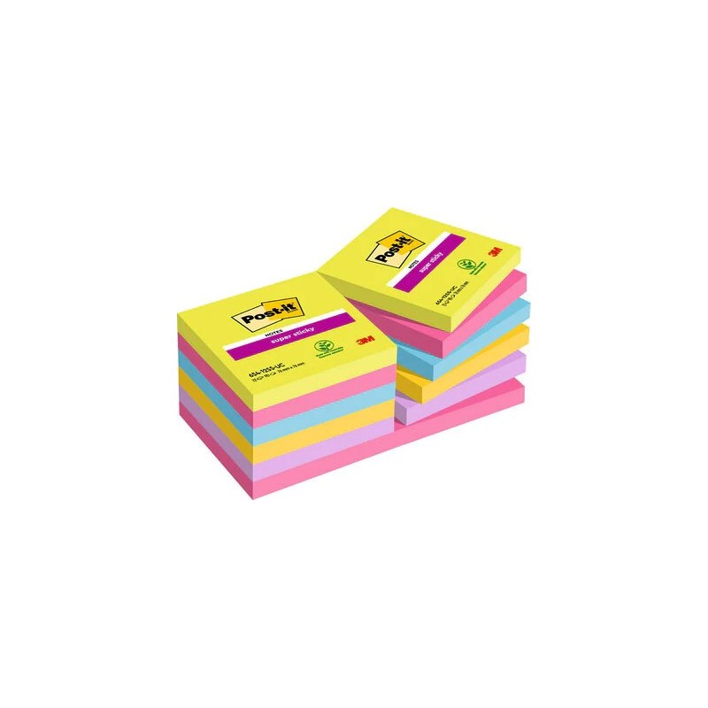 PACK 12 BLOCS 90 HOJAS NOTAS ADHESIVAS 76X76MM SUPER STICKY COLORES SURTIDOS ULTRA 654 12SSUC POST IT 7100290156