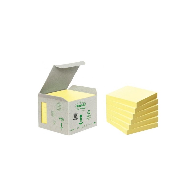 PACK 6 BLOCS 100 HOJAS NOTAS RECICLADAS ADHESIVAS 76X76MM AMARILLO CAJA CARToN 654 1B POST IT 7100172252