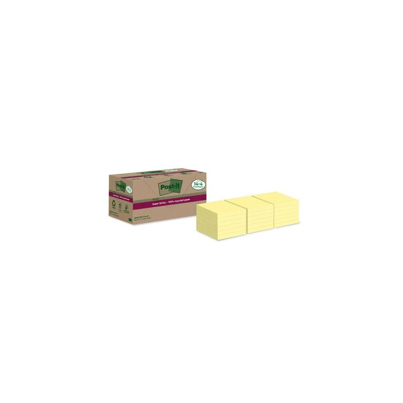 PACK 144 BLOCS 90 HOJAS NOTAS RECICLADAS ADHESIVAS 76X76MM SUPER STICKY AMARILLO PASTEL 654 RSSCY144 POST IT 7100284878