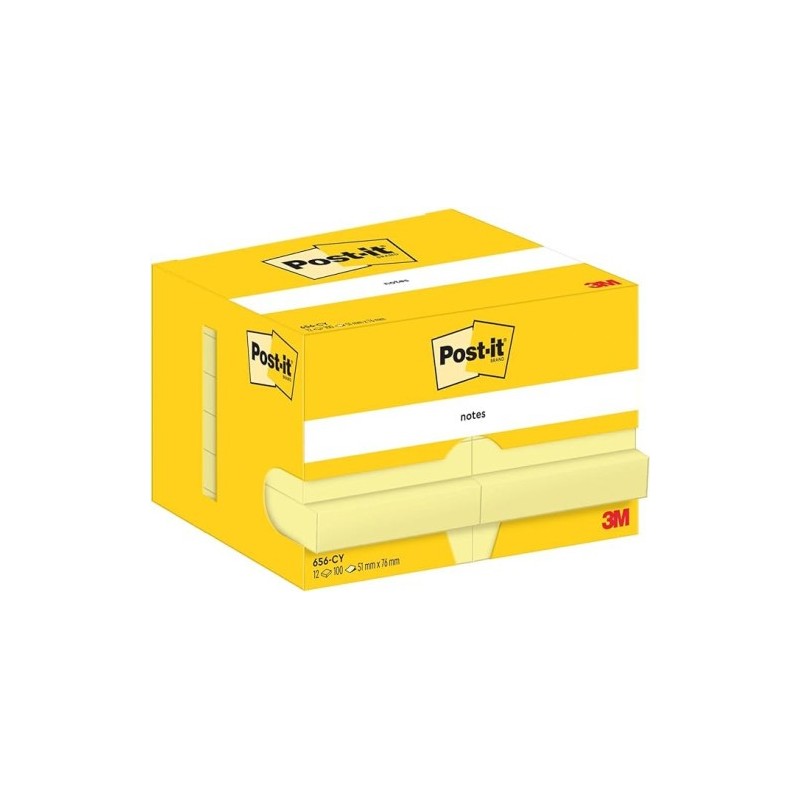 PACK 12 BLOCS 100 HOJAS NOTAS ADHESIVAS 51X76MM CANARY YELLOW CAJA CARToN 656 POST IT 7100290170