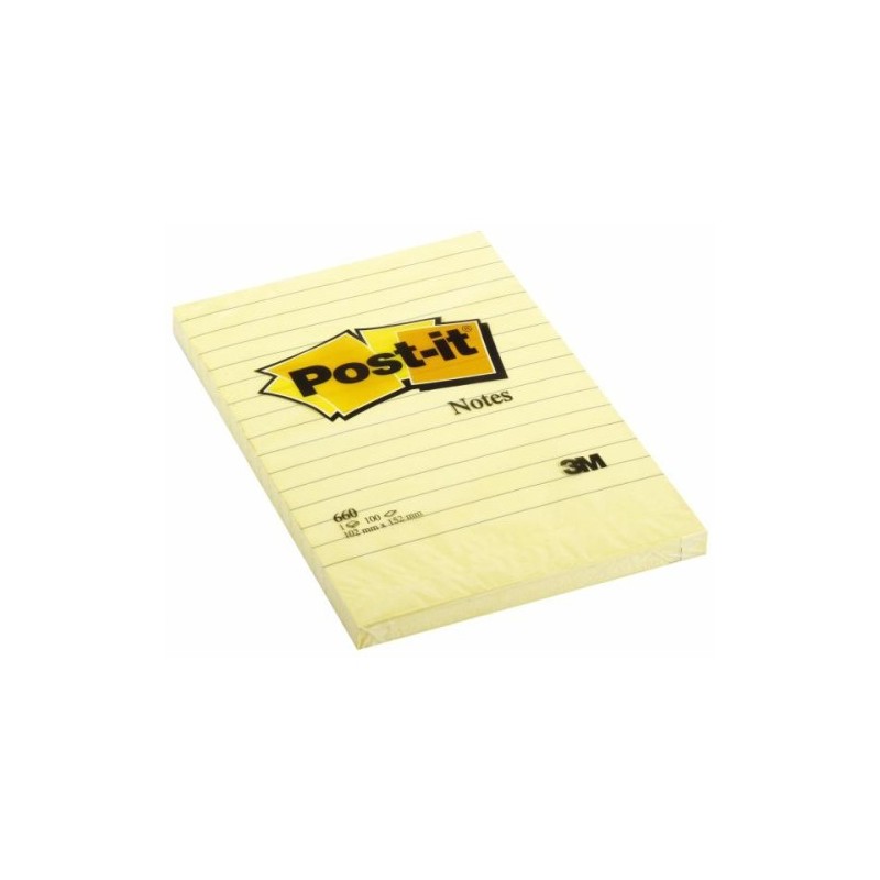 BLOC 100 HOJAS NOTAS GRANDES ADHESIVAS 101X152MM CANARY YELLOW CON LiNEAS 660 POST IT 7100172753