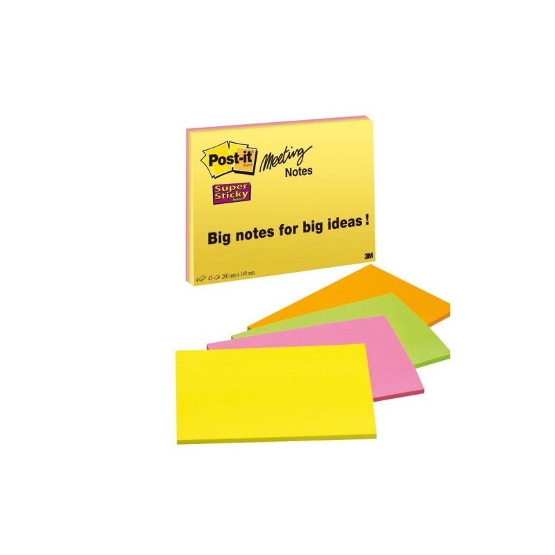 PACK 4 BLOCS 45 HOJAS NOTAS GRANDES ADHESIVAS 203X152MM SUPER STICKY COLORES SURTIDOS NEoN 6845 SSP POST IT 7100234637