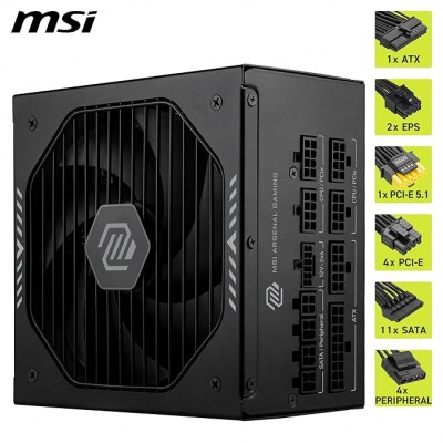 FUENTE ALIMENTACION MSI MAG A1000GLS PCIE5PSU1000W80 PLUS GOLDMODULAR135MMACTIVE PFCPCI E 50 16 PINX1PCI E 62 PINX4SATA 15 PINX