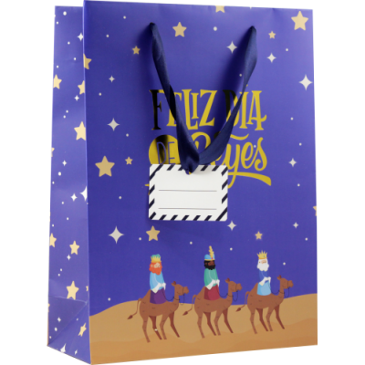 BOLSA PAPEL REYES MAGOS M 27X12X37 CM FOIL CON TARJETA COLGANTE COLORES SURTIDOS BISMARK 333600