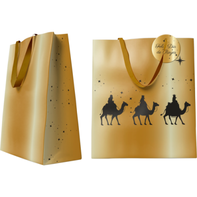 BOLSA DORADA PAPEL REYES MAGOS M 26x12x37 CM CON TARJETA COLGANTE BISMARK 333672