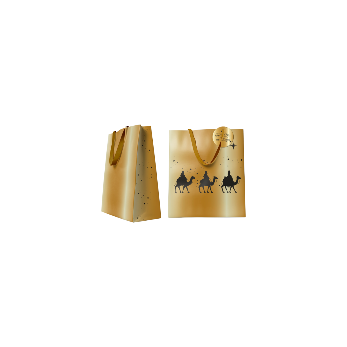 BOLSA DORADA PAPEL REYES MAGOS M 26x12x37 CM CON TARJETA COLGANTE BISMARK 333672