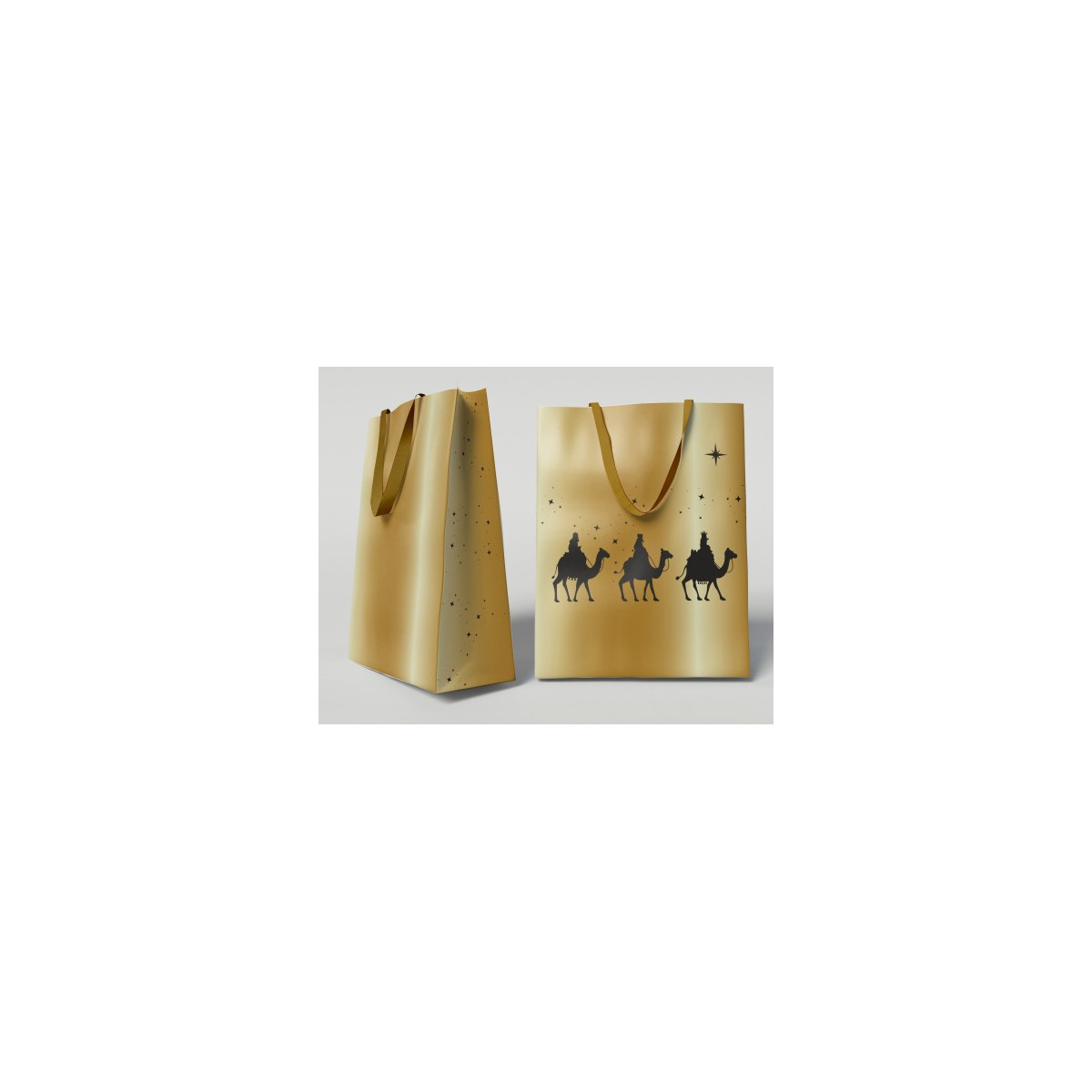 BOLSA DORADA PAPEL REYES MAGOS S 24X10X32 CM CON TARJETA COLGANTE BISMARK 333673