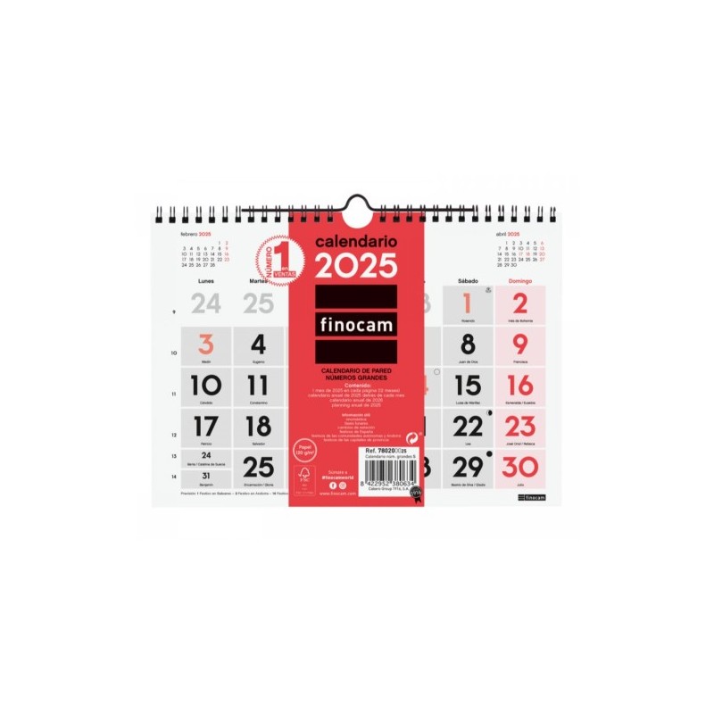 CALENDARIO 2025 NEUTRO PARED NUMEROS GRANDES S 210X150MM FINOCAM 780200025