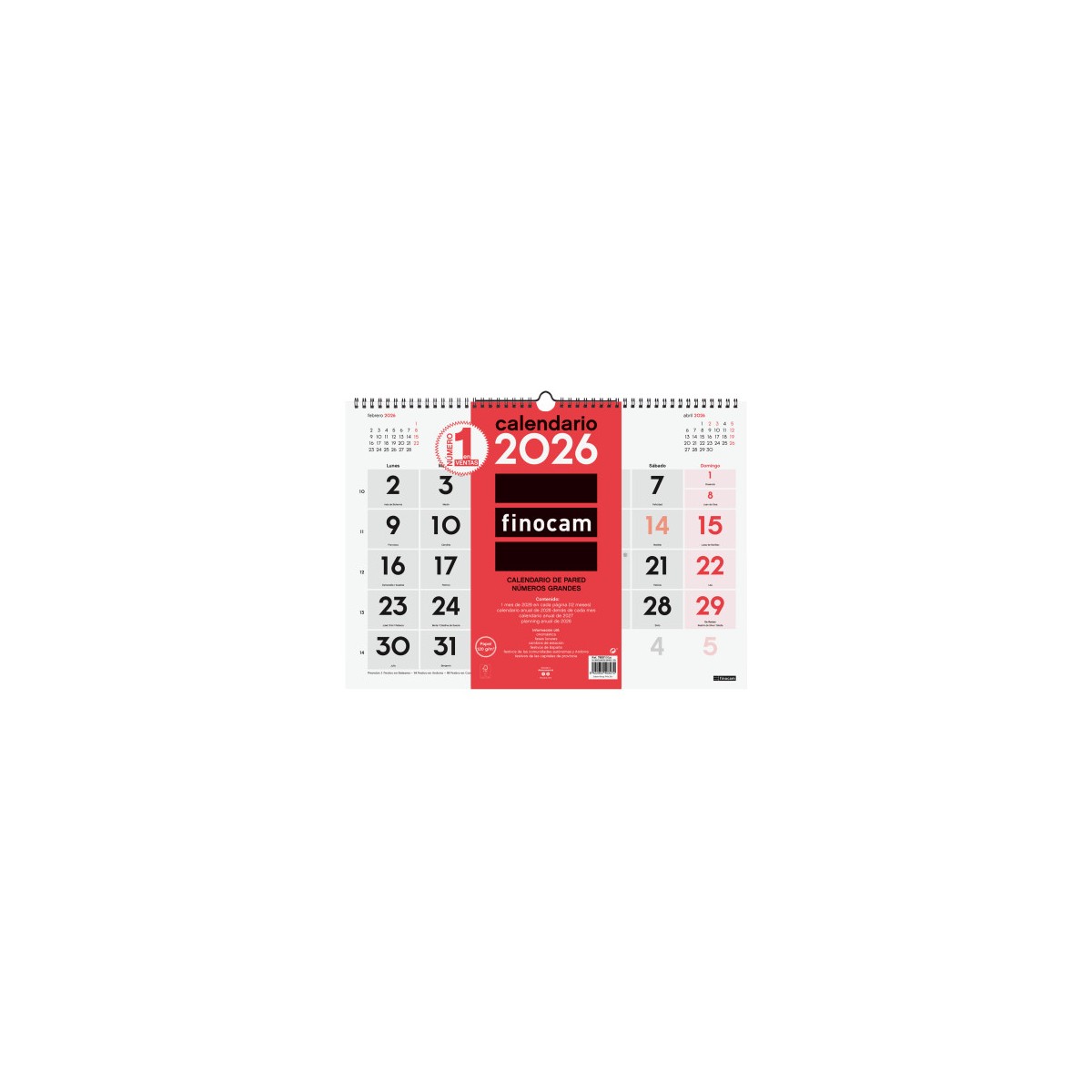 CALENDARIO 2026 NEUTRO PARED NUMEROS GRANDES L 430X310MM FINOCAM 780010026