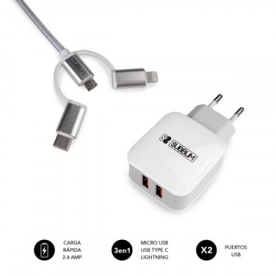 SUBBLIM CARGADOR USB DE VIAJE PARED 2xUSB 24A CABLE 3EN1 WHITE Plata Blanco Interior