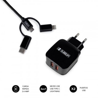 SUBBLIM CARGADOR USB DE VIAJE PARED 2xUSB 24A CABLE 3EN1 BLACK Negro Interior