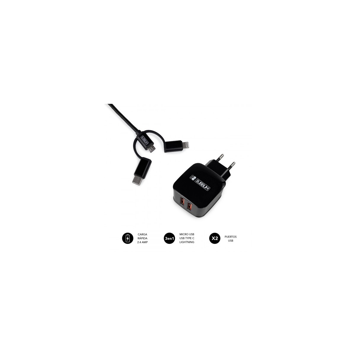 SUBBLIM CARGADOR USB DE VIAJE PARED 2xUSB 24A CABLE 3EN1 BLACK Negro Interior