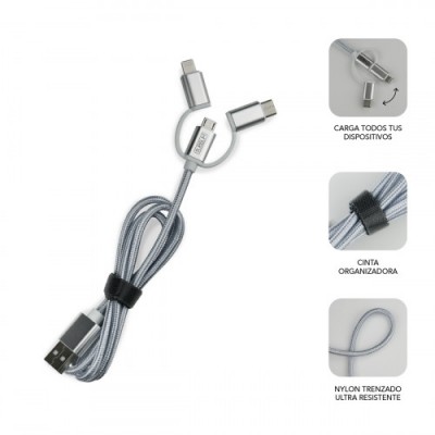 SUBBLIM Cargador Coche 2xUSB Dual Car Charger Alum 24A Cable 3 in 1 Silver