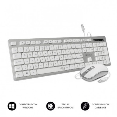 SUBBLIM Teclado Ergonomico y raton con cable USB Plano Silencioso Plateado Blanco Ergo