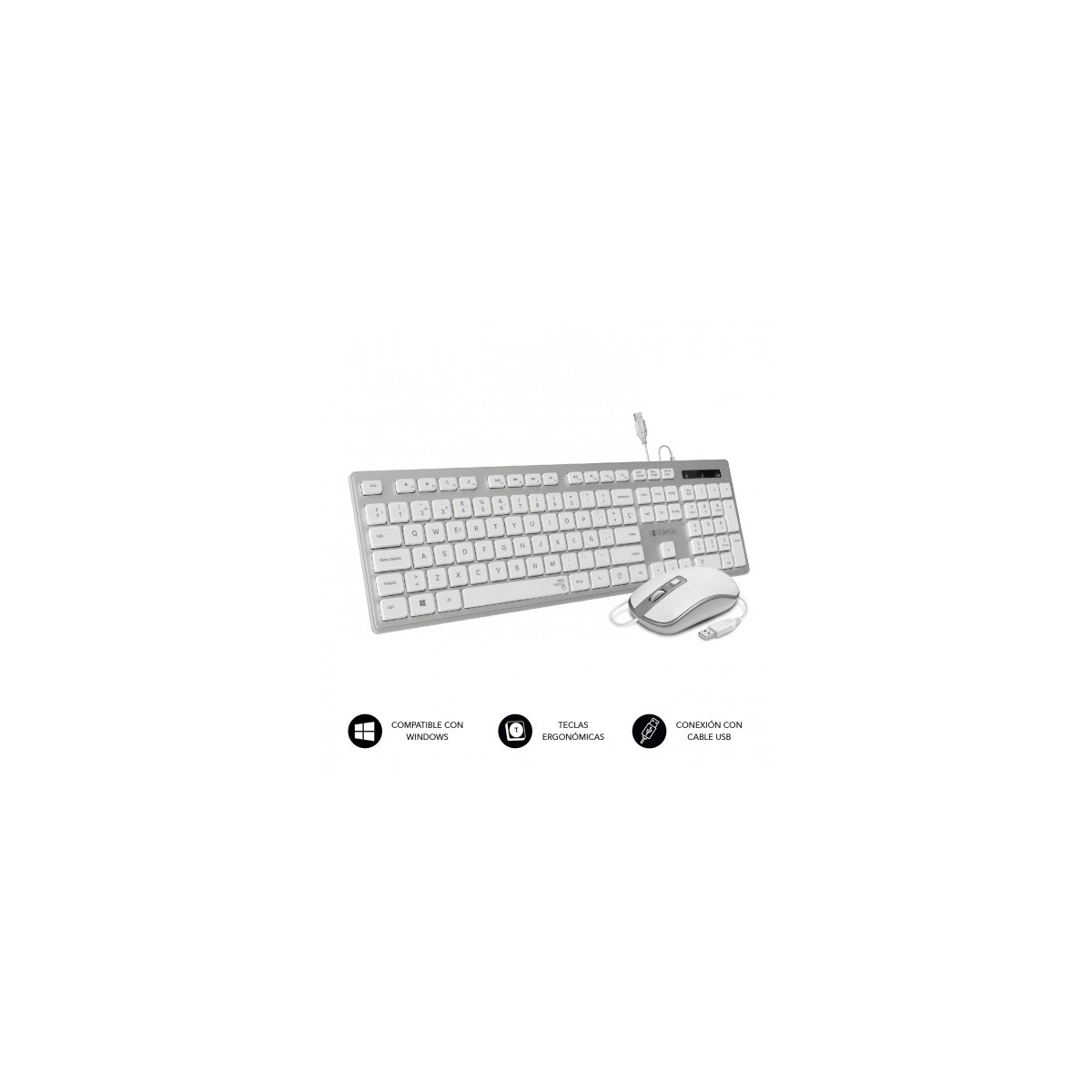 SUBBLIM Teclado Ergonomico y raton con cable USB Plano Silencioso Plateado Blanco Ergo