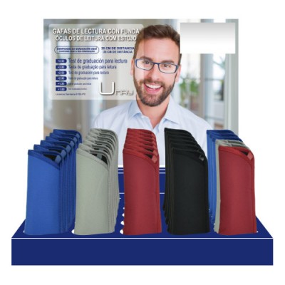 EXPOSITOR 30 GAFAS LECTURA CABALLERO PATILLAS FLEXIBLES 4 MODELOS COLORES Y GRADUACIONES SURTIDOS UMAY 329652