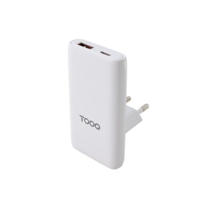 TooQ Cargador de viaje Tipo C y Tipo A GaN 65W USB C PD USB A QC Blanco