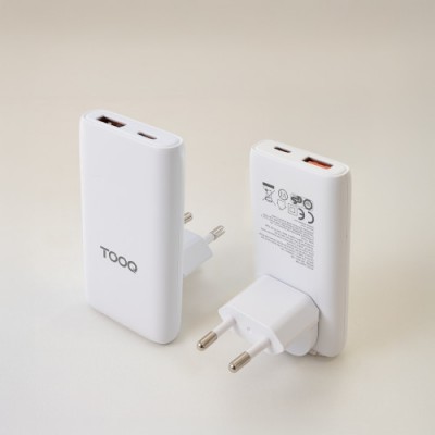 TooQ Cargador de viaje Tipo C y Tipo A GaN 65W USB C PD USB A QC Blanco