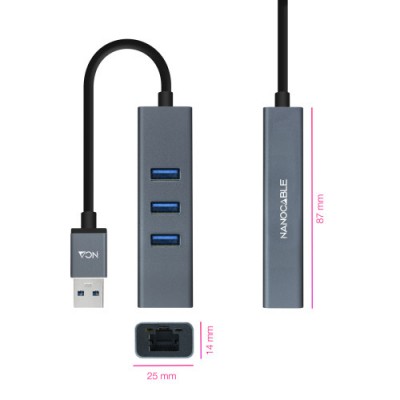 Nanocable Conversor USB 30 a Ethernet Gigabit 3XUSB 30 Aluminio Gris 15 cm