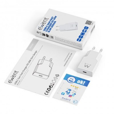 Ewent Cargador Rapido USB C PD de 20W con Tecnologia GaN y Diseno Ultrafino