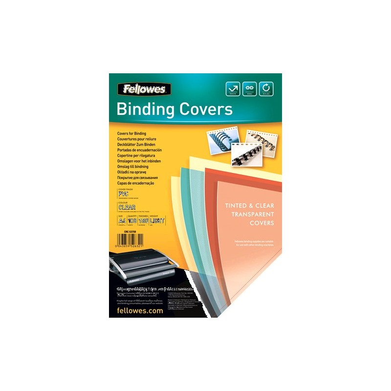 PACK 100 PORTADAS PVC TRANSPARENTE CRISTAL 180 MICRAS A4 FELLOWES 5375901