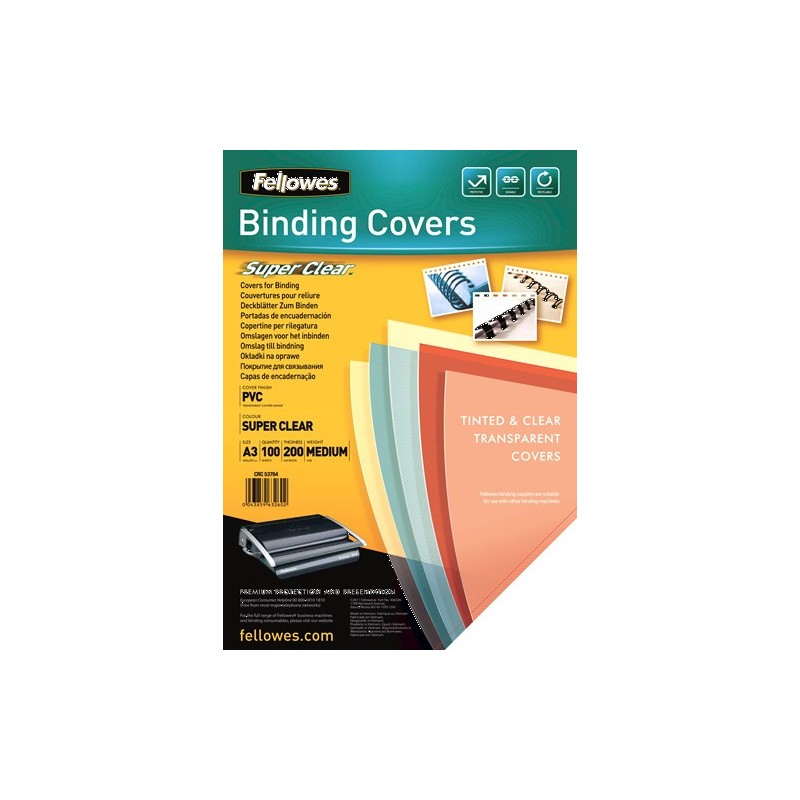 PACK 100 PORTADAS PVC TRANSPARENTE A3 200 MICRAS CRISTAL FELLOWES 53764