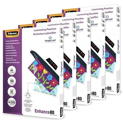 PACK 500 FUNDAS PLASTIFICAR 80 MICRAS BRILLO A4 216X303 MM FELLOWES 100142462