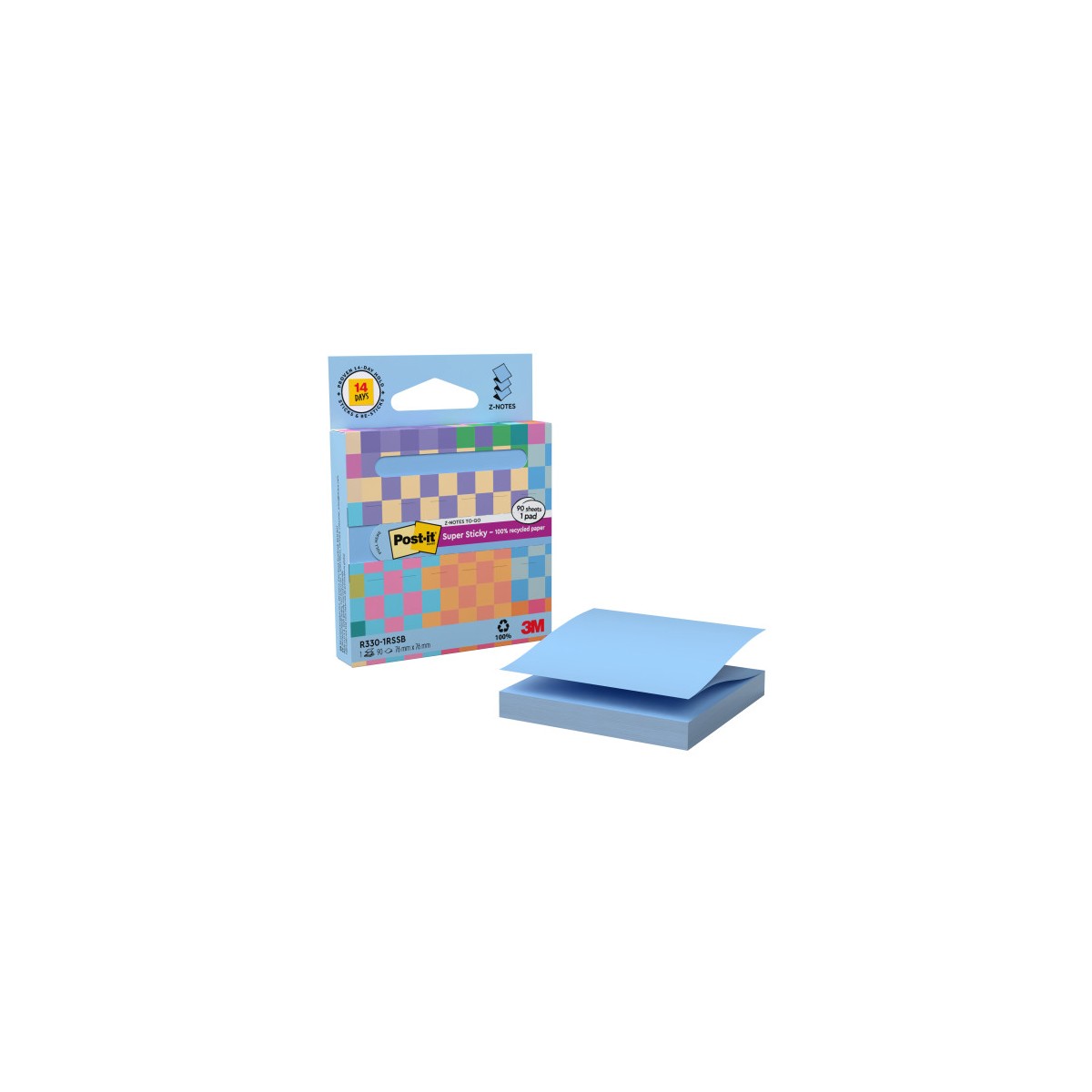 DISPENSADOR DE CARTON 90 HOJAS Z NOTES RECICLADO SUPER STICKY 76X76 MM AZUL LAVADO R330 1RSSB POST IT 7100399315