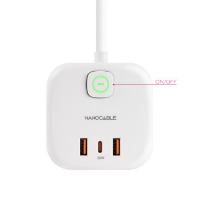 Nanocable Base de 3 enchufes con 3 USB 2 USB A 1 USB C GaN PPS PD 20W con interruptor Blanco