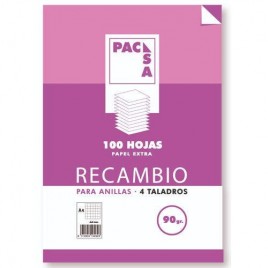 RECAMBIO 90 GRS 4 TALADROS FOLIO 215X310MM 100 HOJAS CUADRiCULA 4X4 CON MARGEN PACSA 21261