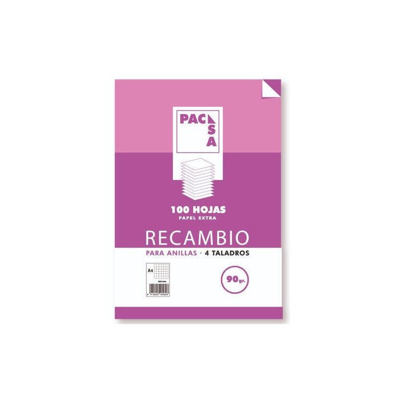 RECAMBIO 90 GRS 4 TALADROS FOLIO 215X310MM 100 HOJAS CUADRiCULA 4X4 CON MARGEN PACSA 21261