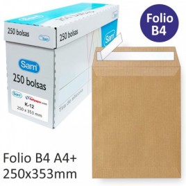 CAJA 250 BOLSAS DIN B4 FOLIO 250X353 KRAFT 90 GRS AUTOSAM AUTOADHESIVO CON TIRA DE SILICONA SAM 145607