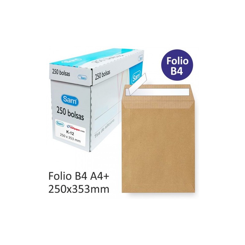 CAJA 250 BOLSAS DIN B4 FOLIO 250X353 KRAFT 90 GRS AUTOSAM AUTOADHESIVO CON TIRA DE SILICONA SAM 145607