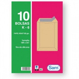 PAQUETES DE 10 BOLSAS KRAFT CON TIRA DE SILICONA TAMANO 184X261 80 GRS SAM 665099