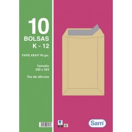 PAQUETES DE 10 BOLSAS KRAFT CON TIRA DE SILICONA TAMANO 250X353 90 GRS SAM 665101