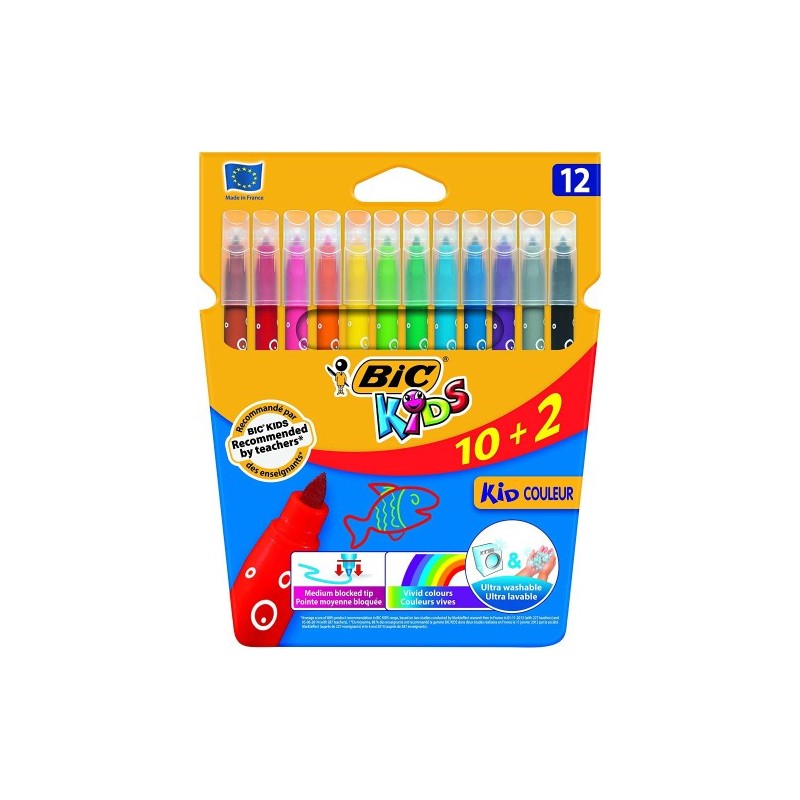 ESTUCHE 102 ROTULADORES ULTRALAVABLES KID COULEUR TRAZO 08MM 12 COLORES BIC 9202942