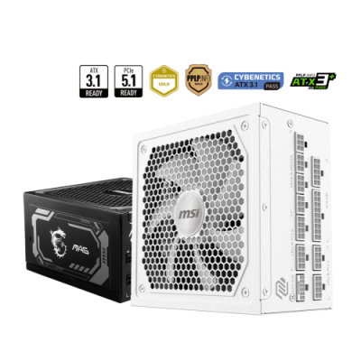FUENTE ALIMENTACION MSI MAG A1000GL PCIE5 WHITEPSU1000W80 PLUS GOLDMODULAR135MMACTIVE PFCPCI E 50 16 PINX1PCI E 62 PINX4SATA 15