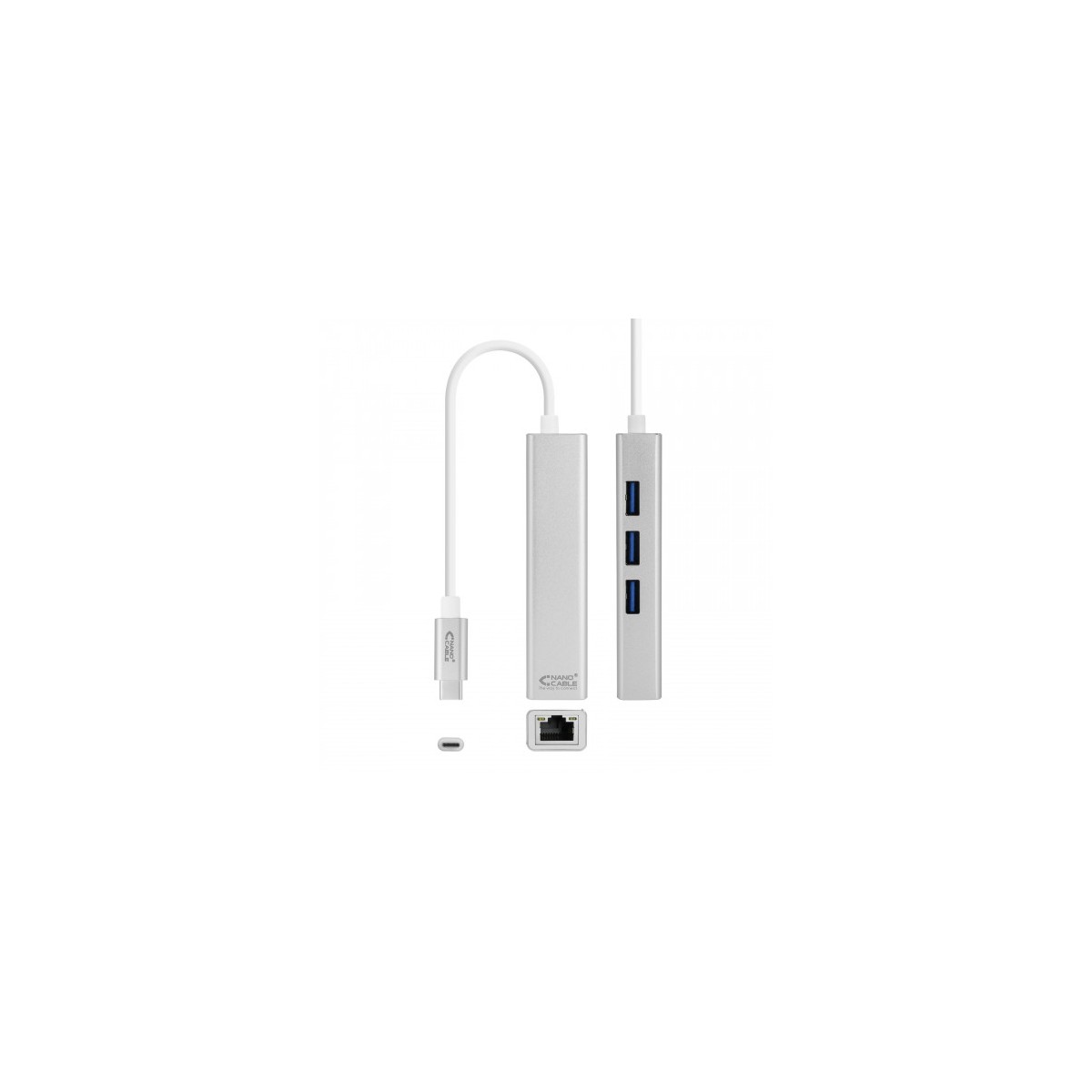 Nanocable Conversor USB C a Ethernet Gigabit 3xUSB 30 Plata 15 cm