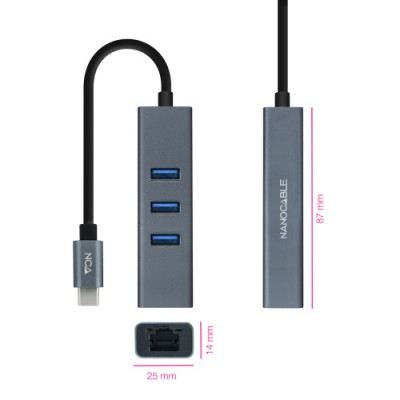 Nanocable Conversor USB C a Ethernet Gigabit 3XUSB 30 Aluminio Gris 15 cm