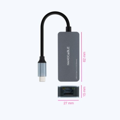 Nanocable Conversor USB C 32 GEN1 a Ethernet 25G Aluminio Gris 15 cm