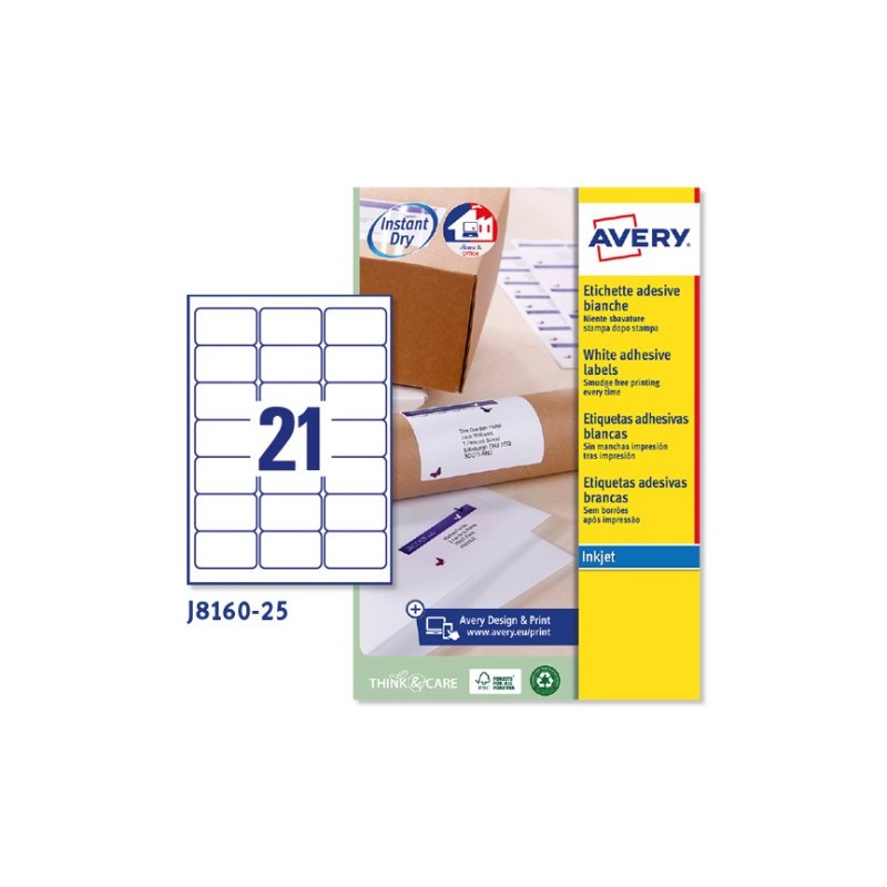 PAQUETE 25 HOJAS ETIQUETAS BLANCAS QUICK DRY IMPRESORAS DE INYECCIoN DE TINTA 635X381 MM AVERY J8160 25